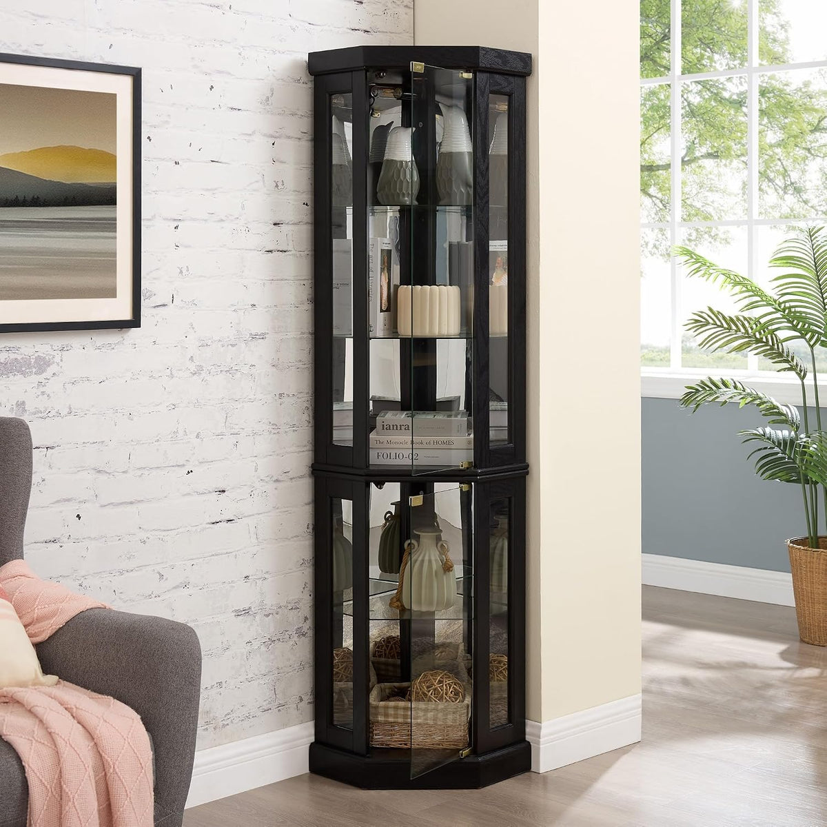 Corner Curio Cabinet, 70" H Lighted Glass Display Cage with Tempered Glass Doors and Adjustable Shelves, Bulb Inclued, Wine Bar China Cabinet for Living Room Liquor Storage (Black)
