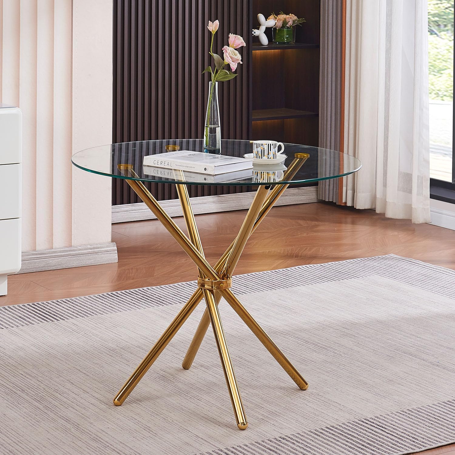36" Round Glass Dining Room Table with Glass Top and Gold Legs for Kitchen and Dining, Modern Compact Round Dinner Table for Apartment Small Spaces