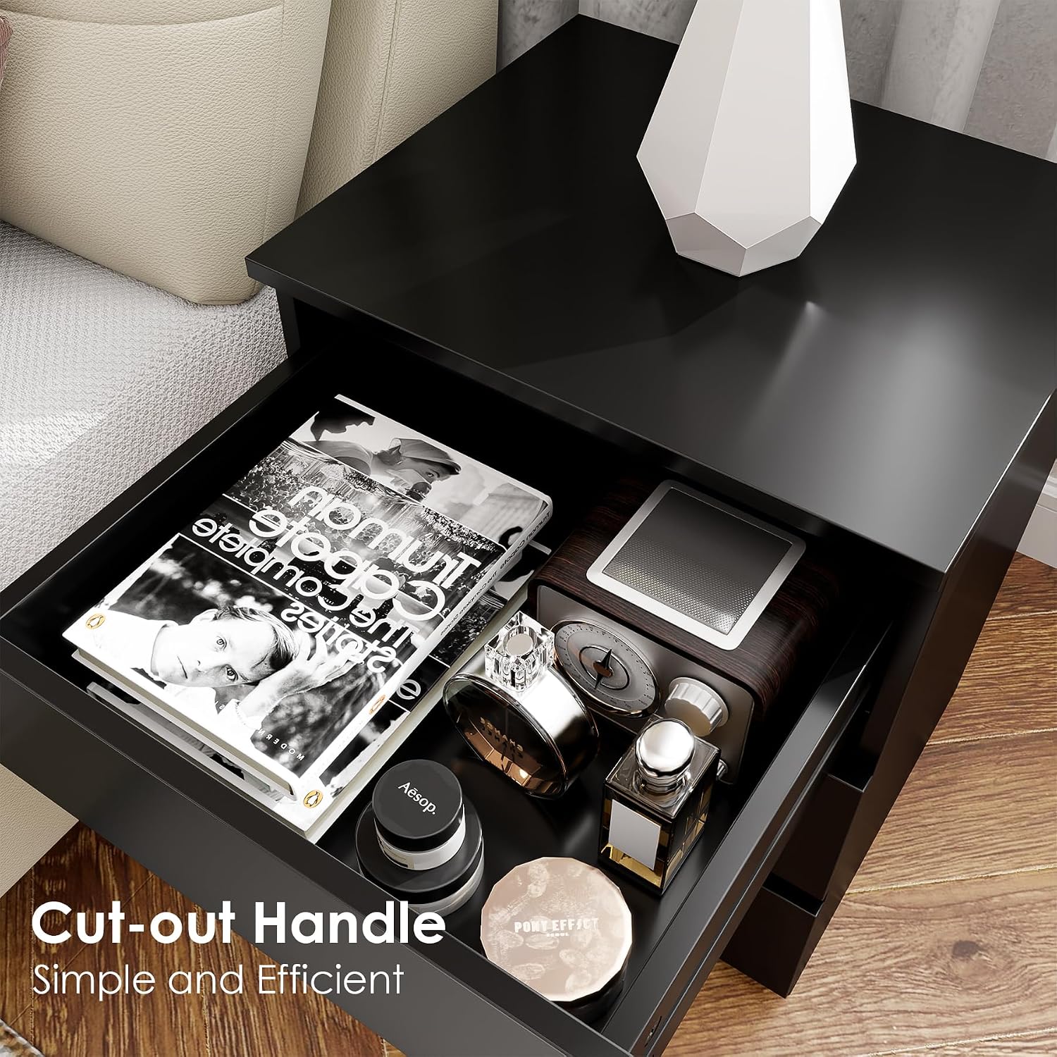 FOTOSOK Nightstands Set of 2, Black Nightstand with 3 Drawers for Bedroom | Black Nightstand Set of 2 for Bedroom, Handless Bedside Table with Silent Design, Side End Table for Small Spaces/Apartment