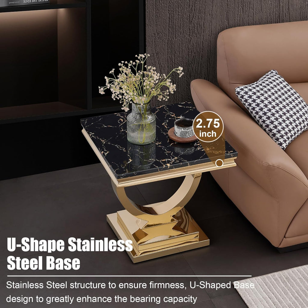 Marble Coffee Table Set of 3, Includes 1 Coffee Table with 2 Square End Side Tables, Luxury 3 Piece Living Room Table Set with Black Faux Marble Tabletop & Gold Stainless Steel Base