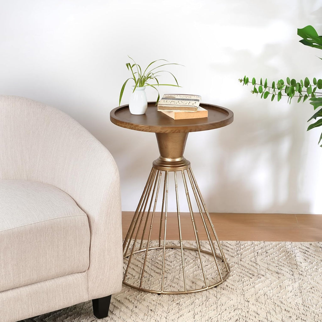 Merax 18" Hollow Edge End Table, Retro Art Pine Round Side Table, Iron Frame Side Desk with Wooden Concave Tabletop for Living Room Bedroom, Antique Gold