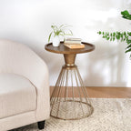 Merax 18" Hollow Edge End Table, Retro Art Pine Round Side Table, Iron Frame Side Desk with Wooden Concave Tabletop for Living Room Bedroom, Antique Gold
