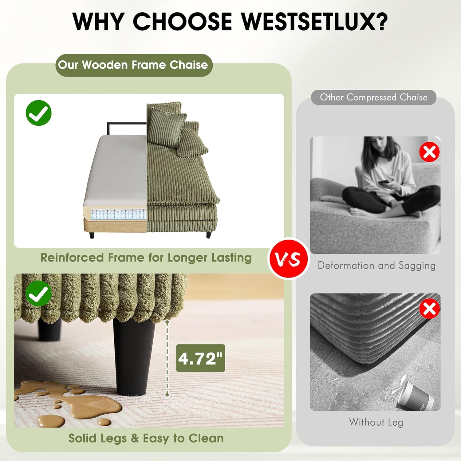 WESTSETLUX 54.8" W Oversized Chaise Lounge Chair Indoor with 5-Position Adjustable Backrest, Corduroy Sleeper Sofa Bed with 3 Pillows, Modern Cloud Couch Chair for Living Room, Bedroom, Green