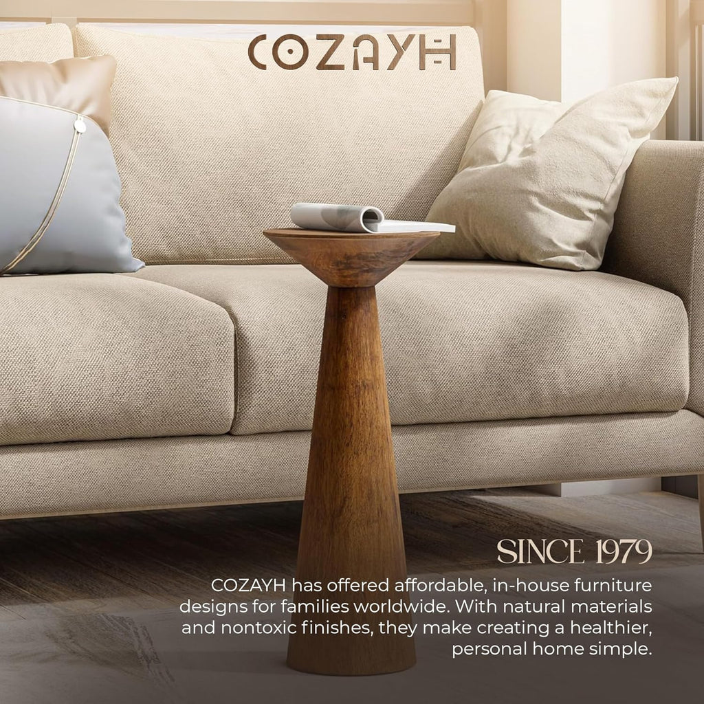 COZAYH Set of 2 22.8-Inch Tall Round Martini End Table, Walnut – Solid Pine Wood Pedestal Accent Drink Stand with Tapered Base – Farmhouse Modern Furniture for Living Room, Bedroom & Small Spaces