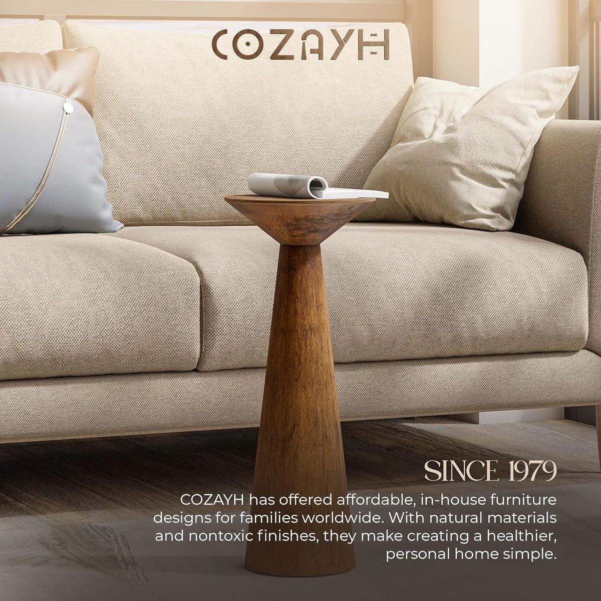 COZAYH Set of 2 22.8-Inch Tall Round Martini End Table, Walnut – Solid Pine Wood Pedestal Accent Drink Stand with Tapered Base – Farmhouse Modern Furniture for Living Room, Bedroom & Small Spaces