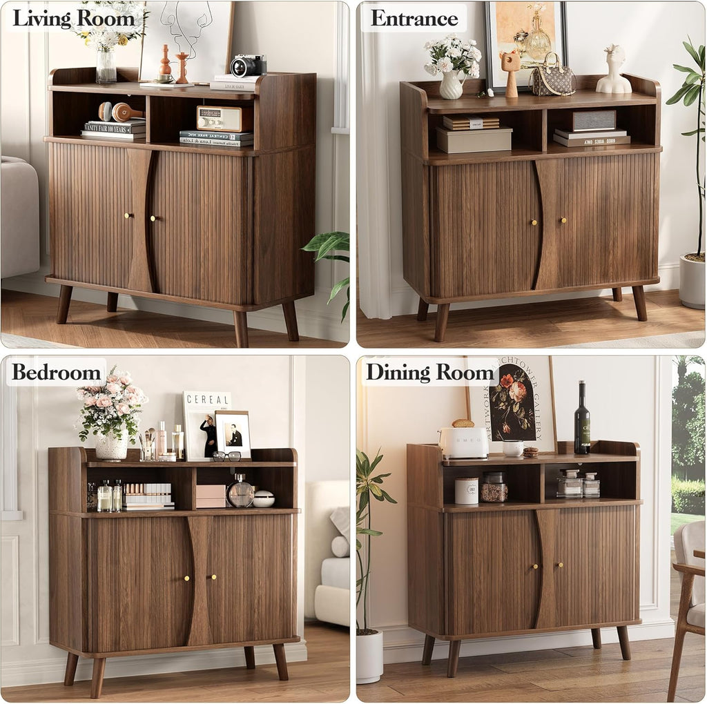 Decofy 39" Buffet Sideboard Cabinet, Mid Century Modern Console Cabinet with Roller Shutter Sliding Doors & Adjustable Shelves for Kitchen Cabinets, Living Room, Entryway, Coffee Bar Cabinet (Walnut)