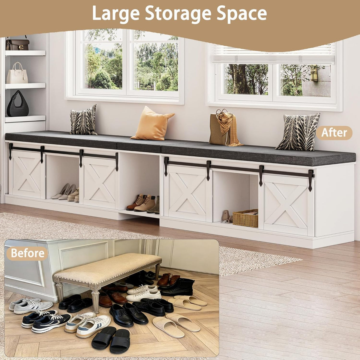 L Shaped Corner Bench with Storage, Farmhouse Breakfast Nook with Cushion & Sliding Barn Door, Entryway Shoe Storage Bench, Kitchen, Dining Room, Living Room, White & Grey