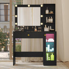 Black Vanity Desk with Mirror and Lights, 34" LED Small Vanity Table with Power Outlet & Large Storage Drawers, 3 Color Adjustable Lights, Dressing Table for Bedroom & Apartment