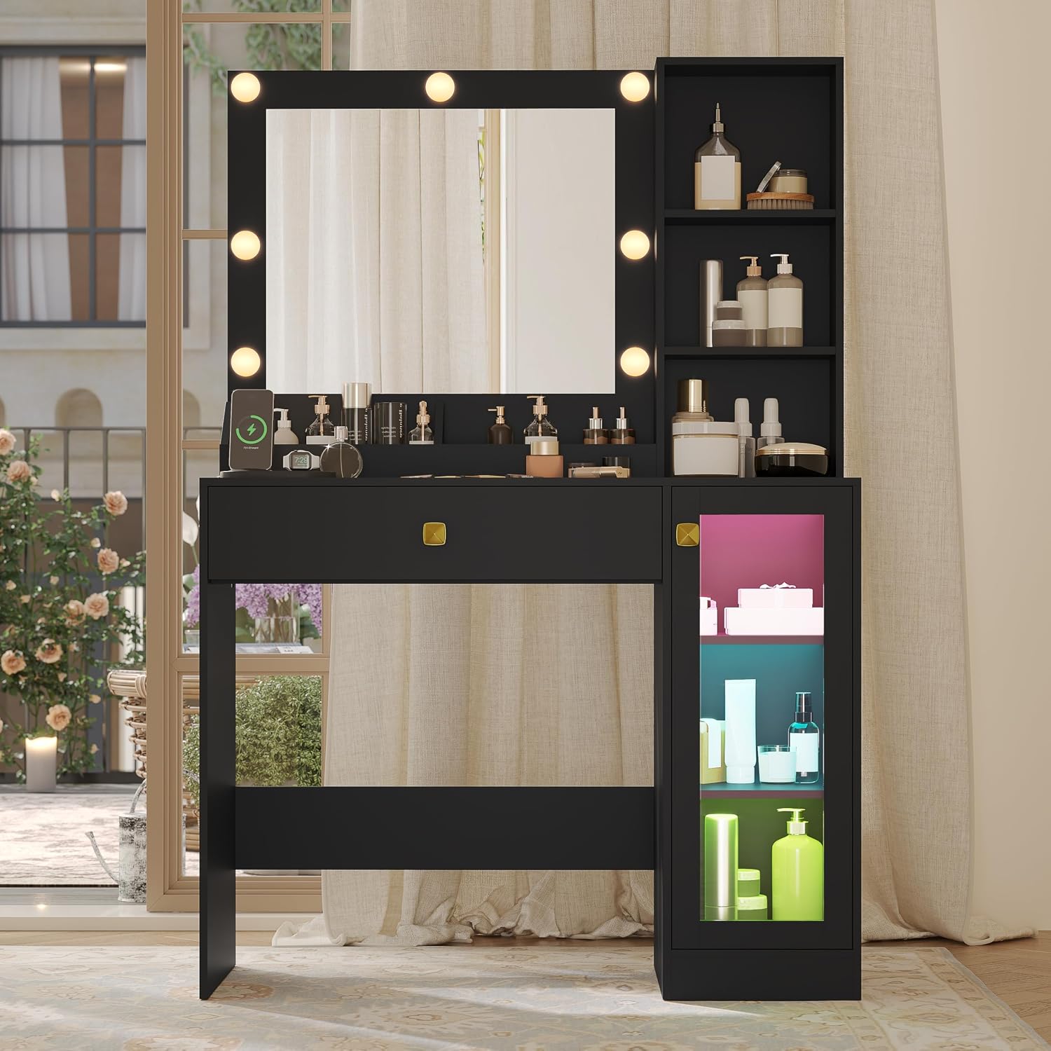 Black Vanity Desk with Mirror and Lights, 34" LED Small Vanity Table with Power Outlet & Large Storage Drawers, 3 Color Adjustable Lights, Dressing Table for Bedroom & Apartment