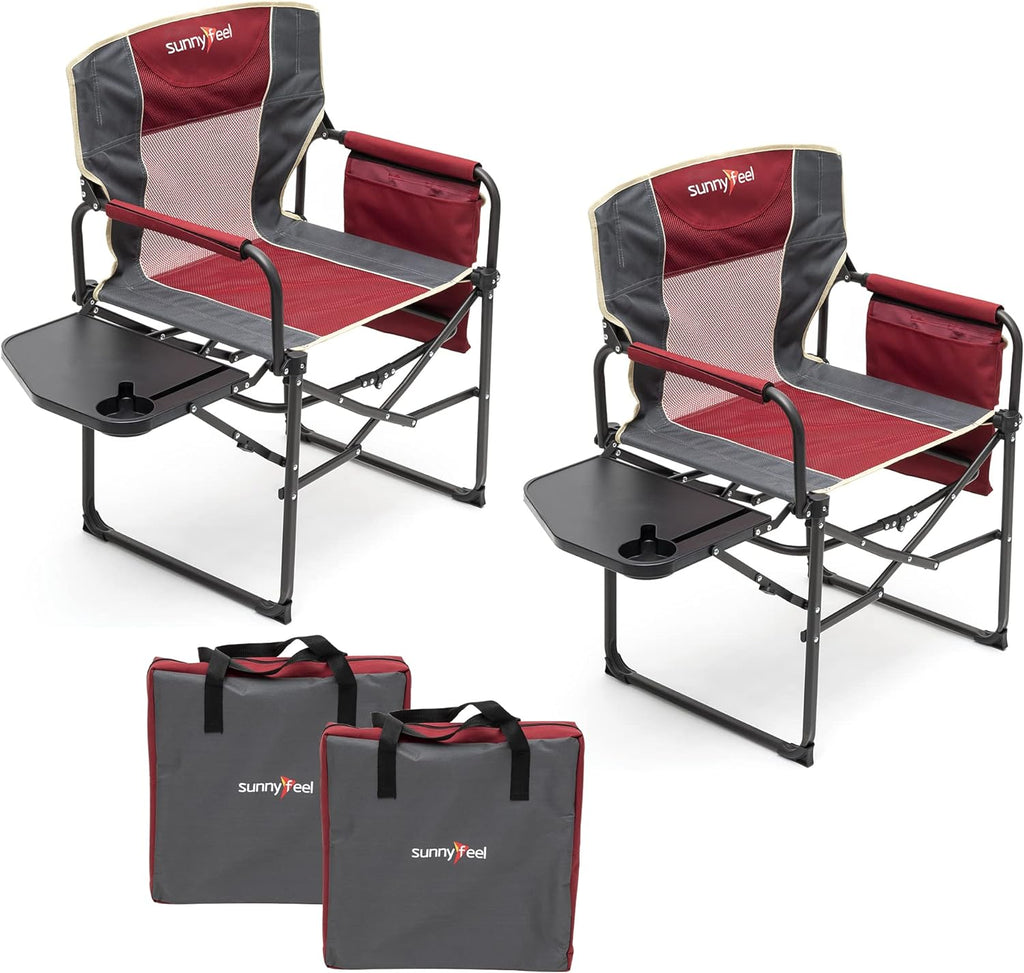 SUNNYFEEL Oversized Camping Chair Portable Directors Chairs with Side Table | Heavy Duty Folding Lawn Chair for Adults 300LBS with Compact Size, Breathable Mesh, Pocket & Carry Bag for Outdoor, Lawn, RV