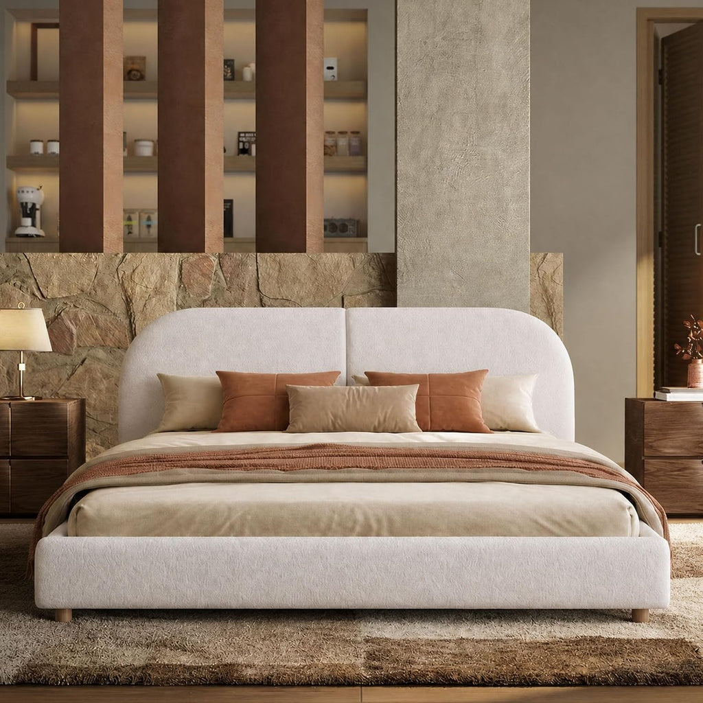 Kenhome Queen Size Boucle Cloud Bed Frame, Upholstered Platform Bed with Curved Headboard & Solid Wood Frame, Luxurious & Easy Assembly (Beige, Queen (U.S. Standard))
