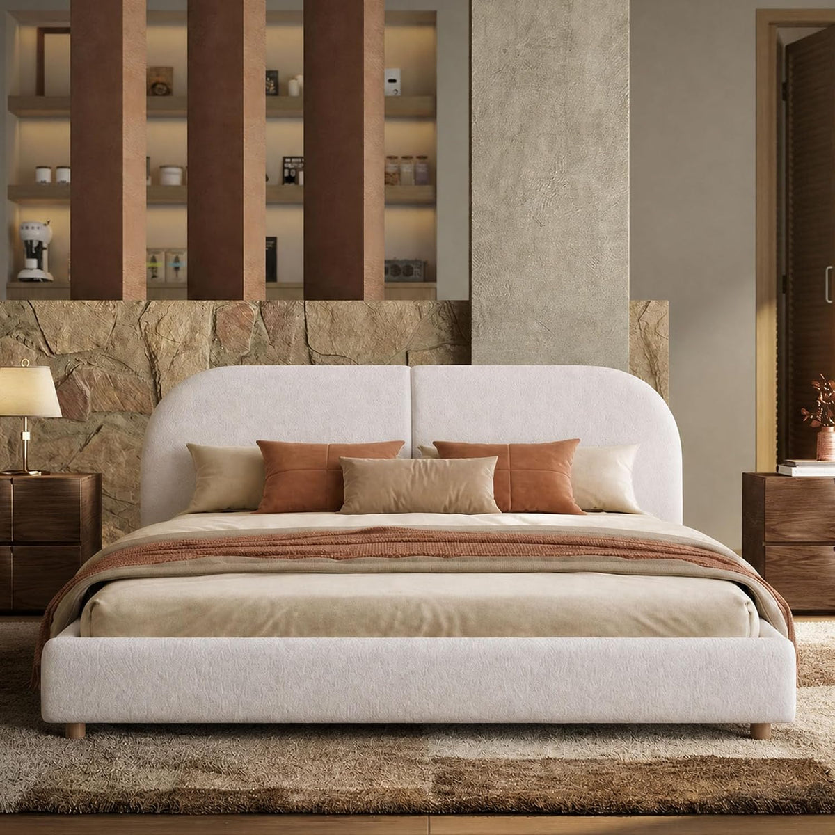 Kenhome Queen Size Boucle Cloud Bed Frame, Upholstered Platform Bed with Curved Headboard & Solid Wood Frame, Luxurious & Easy Assembly (Beige, Queen (U.S. Standard))
