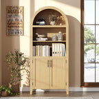 Garvee Arched Kitchen Pantry Storage Cabinet - 5-Tier Open Display Shelf with Rattan Decor, Farmhouse Storage Cabinet for Kitchen, Dining Room, Living Room, Natural