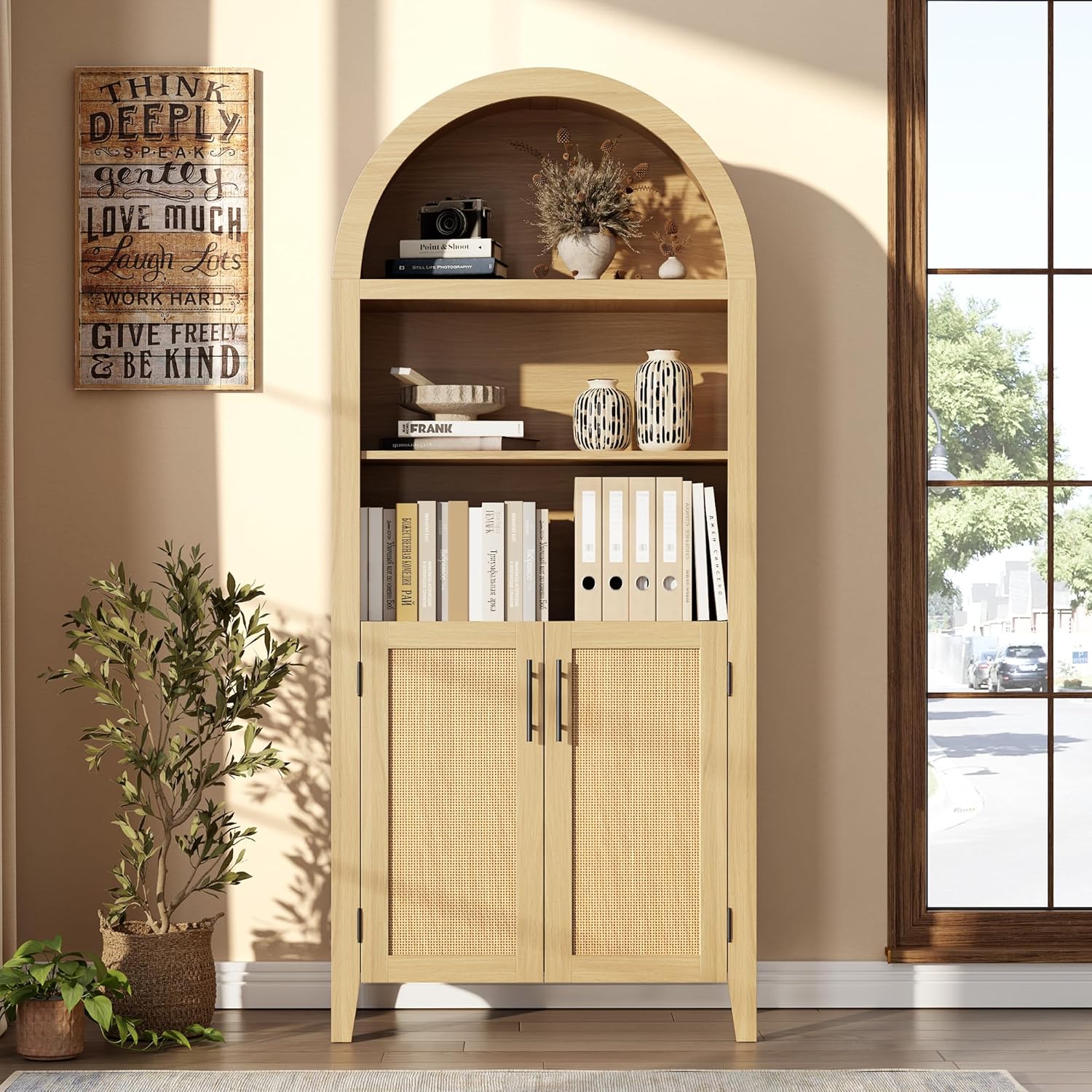 Garvee Arched Kitchen Pantry Storage Cabinet - 5-Tier Open Display Shelf with Rattan Decor, Farmhouse Storage Cabinet for Kitchen, Dining Room, Living Room, Natural