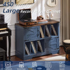 Joaxswe Large Record Player Stand with Vinyl Storage Up to 450 Albums, 39 Inch Farmhouse Wood Navy Blue Vinyl Records Storage Cabinet with Barn Doors, Mid-Century Turntable Stand for Living Room