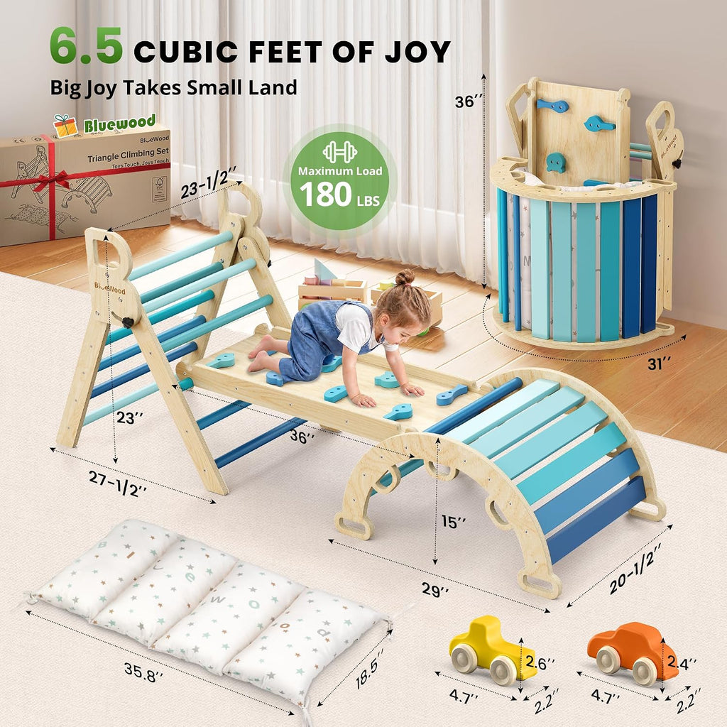 BlueWood Pikler Triangle Set Blue with Cushion and Wooden Busy Board