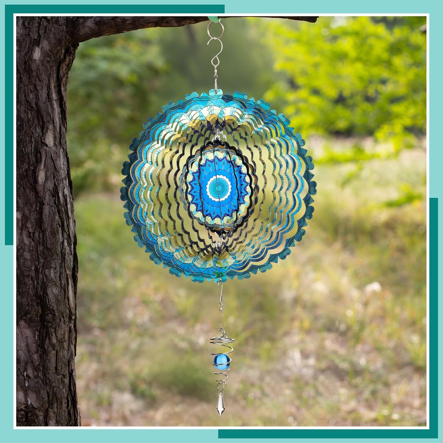 12 Inch Mandala Wind Spinners with Gazing Ball Spiral Tail, Outdoor 3D Stainless Steel Hanging Spinner Mandala Wind Catchers Sculpture for Indoor Outdoor Garden Yard Decoration(Blossom)