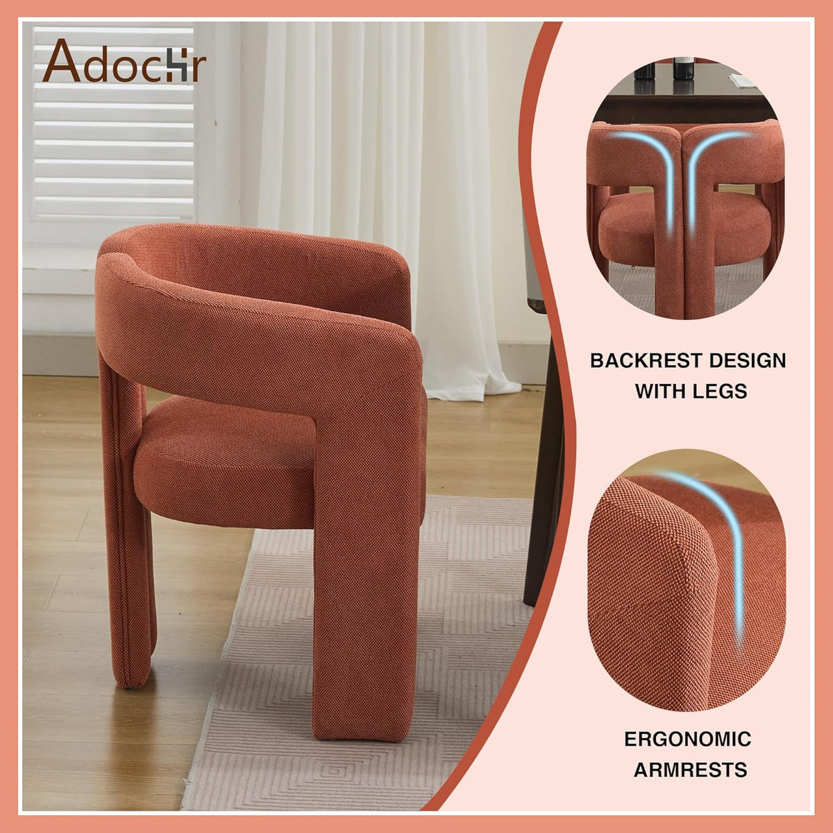 adochr Modern Barrel Dining Chairs Set of 6, Upholstered Linen Dining Room Chair with Wooden Legs, Accent Chairs with Arms, Comfy Side Armchairs for Kitchen/Dining Room/Living Room, Orange