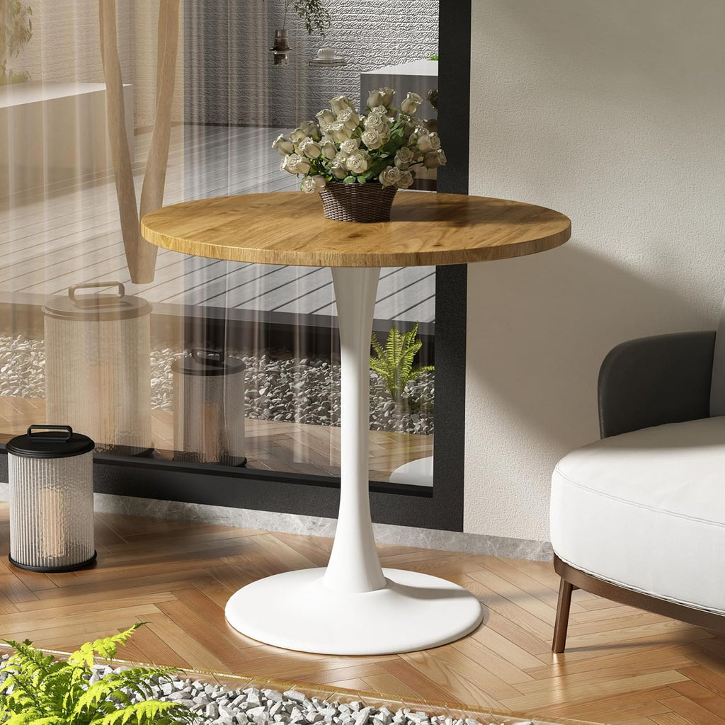 Round Dining Table 30" Circle Tulip Table with Wood Thickened Tabletop & Sturdy Metal Pedestal Mid Century Modern Leisure Bistro Kitchen Tables 4 People Small Places Living Room Cafe,Oak