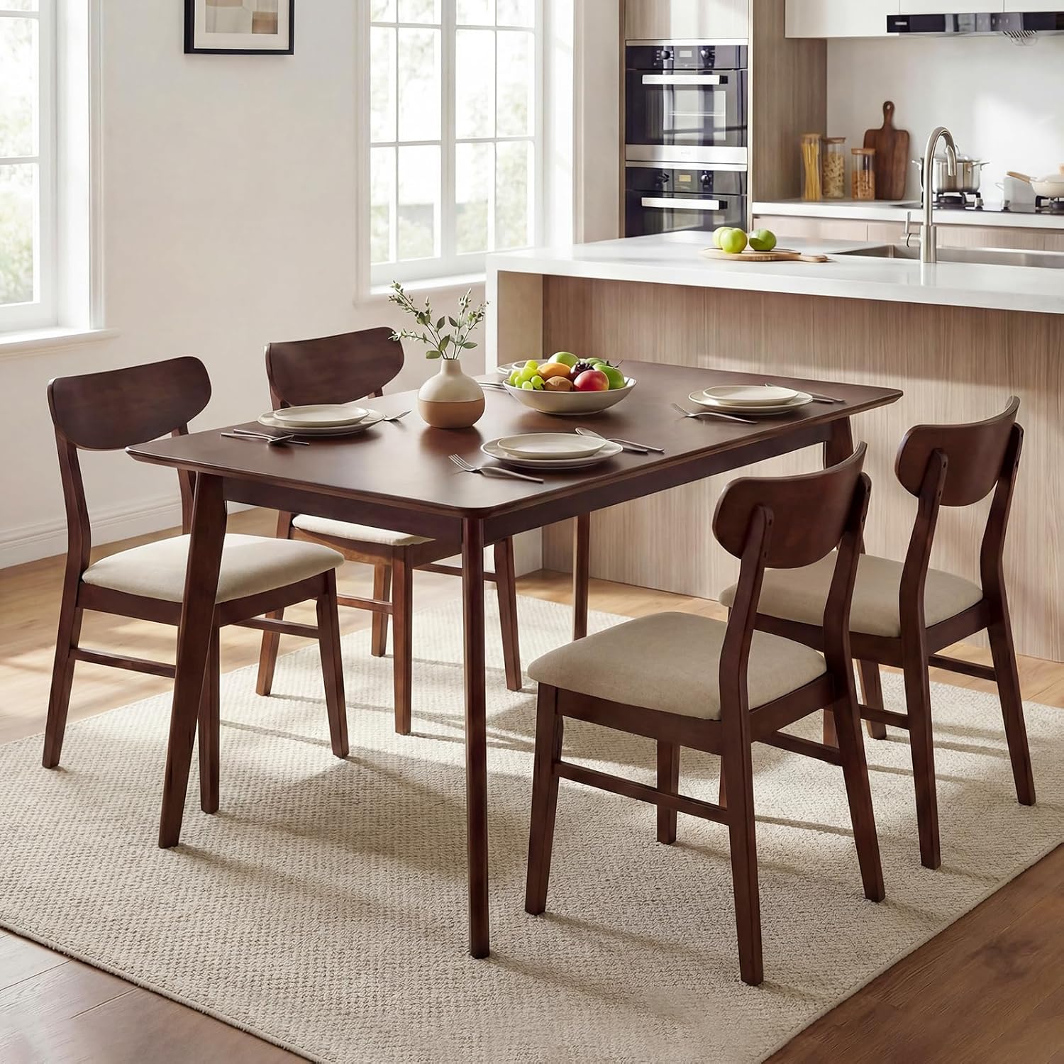 Giantex Dining Table for 4, 47" Rectangular Wooden Kitchen Table with Solid Rubber Wood Legs, Mid Century Modern Dinner Table for Dinette, Living Room, Home Office (Walnut)