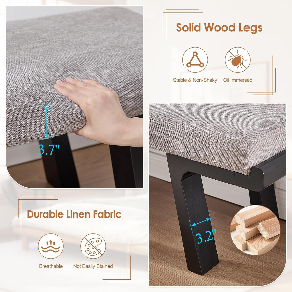 Zesthouse Solid Wood Bench for Bedroom End of Bed, Upholstered Small Entryway Bench with Cushion, 47" Grey Linen Ottoman Bench with Black Wood Legs, Modern Dining Bench Seat, for Indoor Living Room