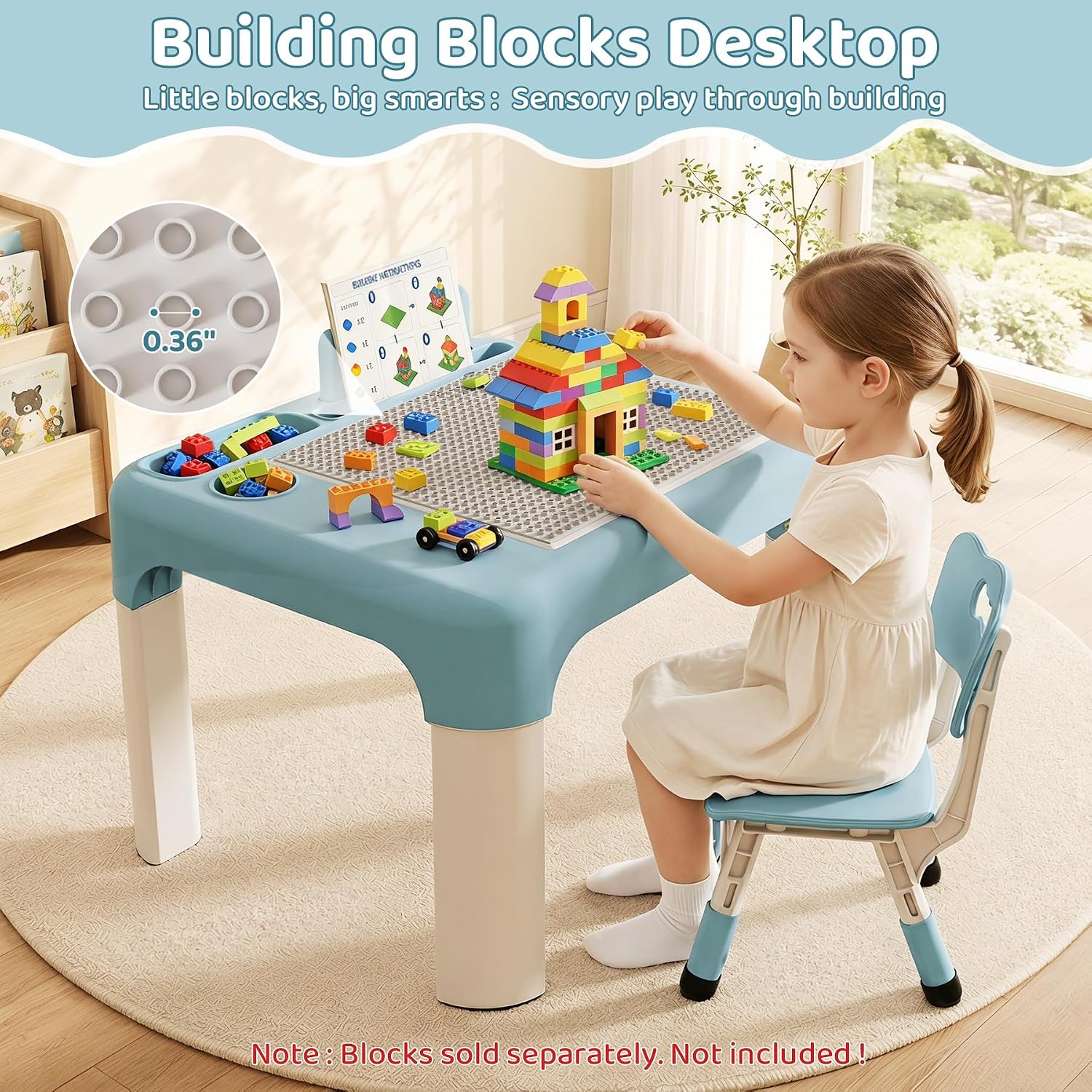 GITAWUSA Kids Table and Chair Set, Tilt Double-Sided, Storage, Grayish Blue | Height Adjustable Graffiti & Blocks Desktop, Toddler Activity Table for Age 3+ , Children Table for Playroom, Daycare, Home