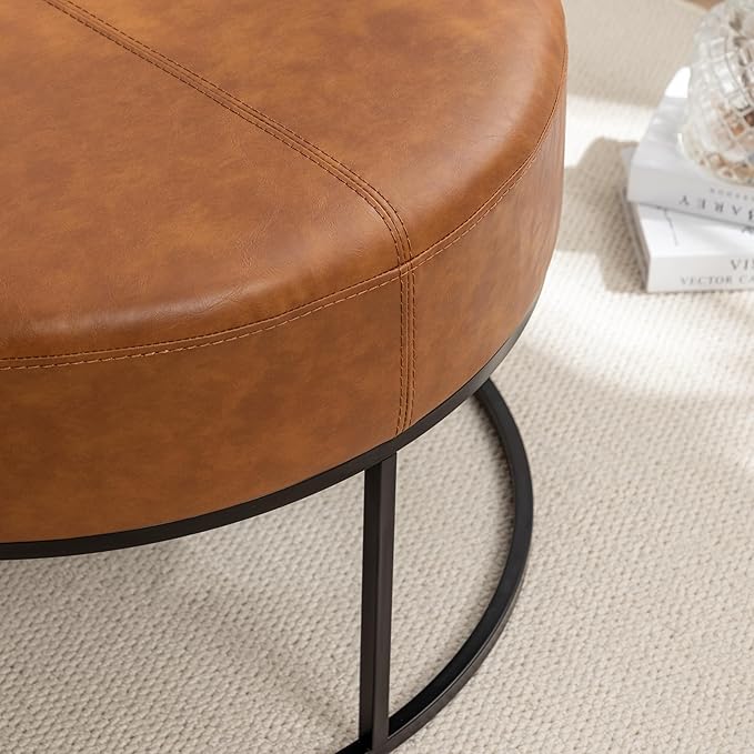 Modern Round Coffee Table, Farmhouse Ottoman for Living Room, Large Vintage Leather Coffee Tables with Leather Upholstered Padded Seat [Round, Vintage Brown, 30'']