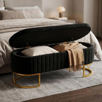 Storage Bench Bedroom Bench, Velvet Oval Upholstered End of Bed Bench with Golden Metal Legs, 46” Modern Storage Ottoman Bench for Bedroom, Living Room, Entryway, Window, Black
