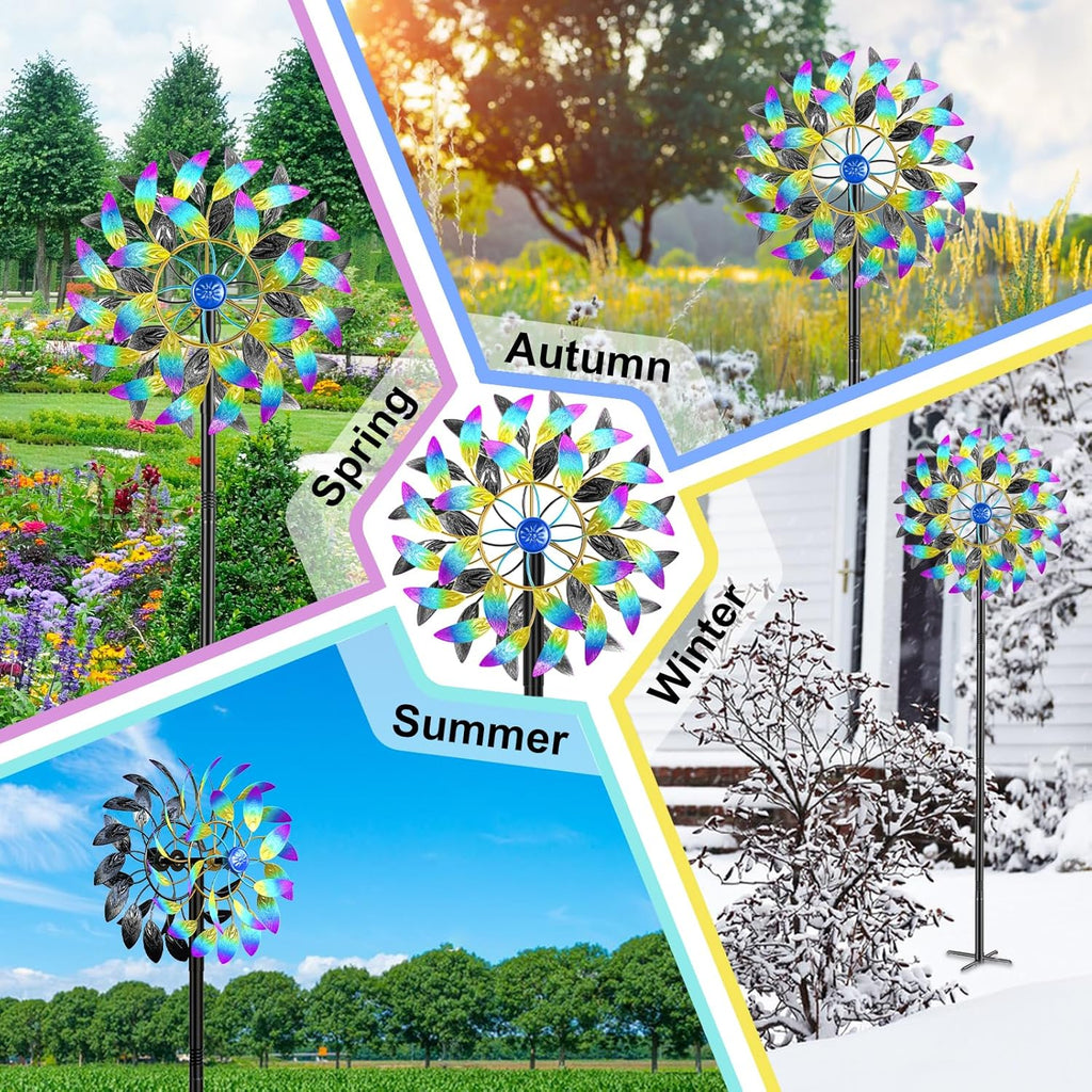 Metal Outdoor Wind Spinner, 2-Way Wind Sculpture Spinner with Metal Stake, Waterproof 360 Degrees Kinetic Windmill Art Decoration for Patio Garden Lawn (A- Colorful)