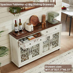 Joaxswe Farmhouse Sideboard Buffet Cabinet with Storage,59" Large Credenza with 4 Glass Doors & 2 Drawers, Wood Kitchen Coffee Bar, Adjustable Shelves Console Table for Dining Room,Living Room,White