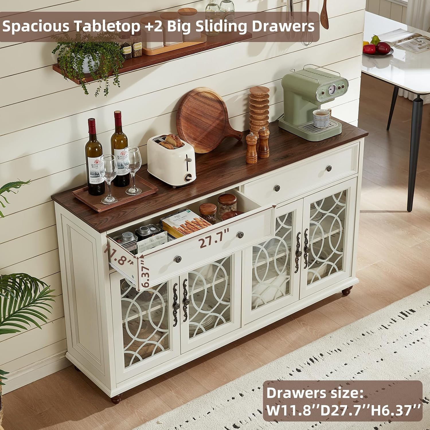 Joaxswe Farmhouse Sideboard Buffet Cabinet with Storage,59" Large Credenza with 4 Glass Doors & 2 Drawers, Wood Kitchen Coffee Bar, Adjustable Shelves Console Table for Dining Room,Living Room,White