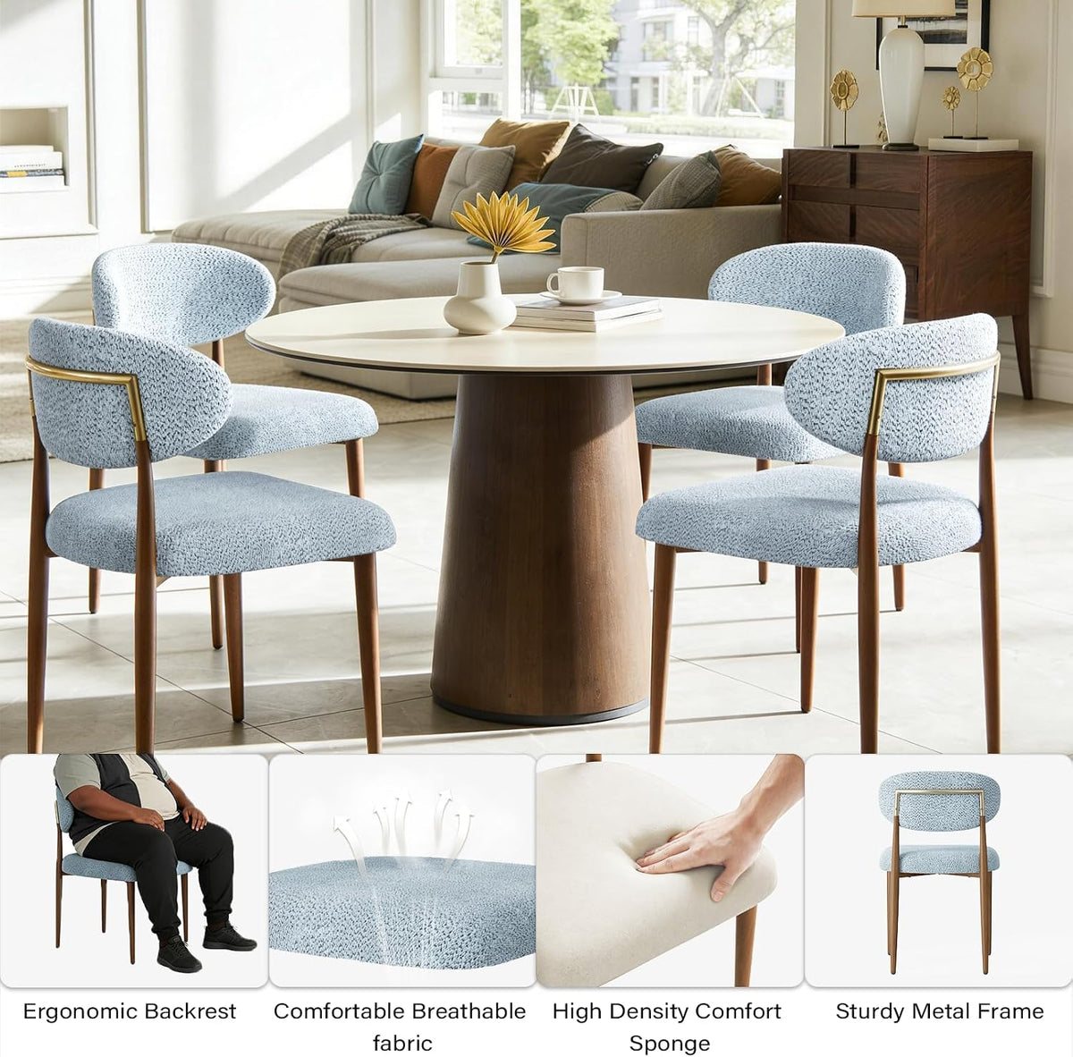 300LBS Dining Chairs Set of 2,Metal Kitchen Chairs,Modern Chenille Upholstered Dining Room Chairs with Ergonomic Curved Backrest for Kitchen Dining Room,Deep Blue-Gray