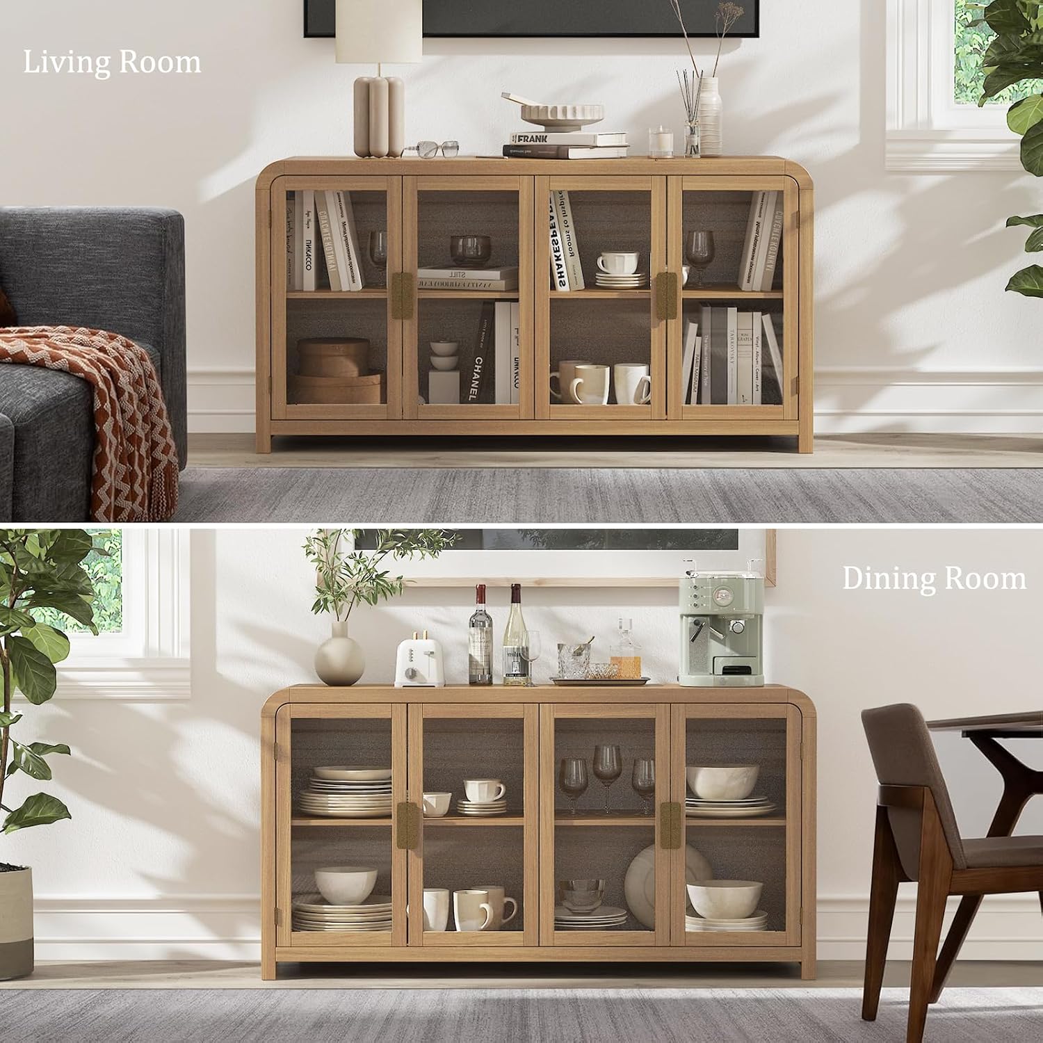 Oak&Sparrow Oak Sideboard Buffet Cabinet with Storage, 60'' Boho Buffets & Sideboards with Adjustable Shelves, Sideboard Cabinet with 4 Glass Doors for Living Room, Hallway & Kitchen