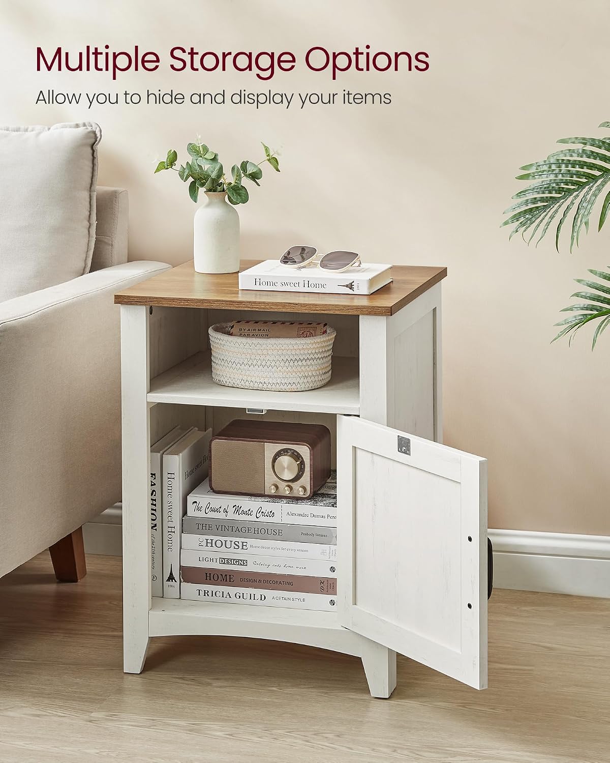 VASAGLE Nightstand Farmhouse Barn Door Bedside Table with Storage | Side End Table, Night Stand, Open Compartment, for Bedroom, Set of 2, Rustic White and Honey Brown, LIRY Collection