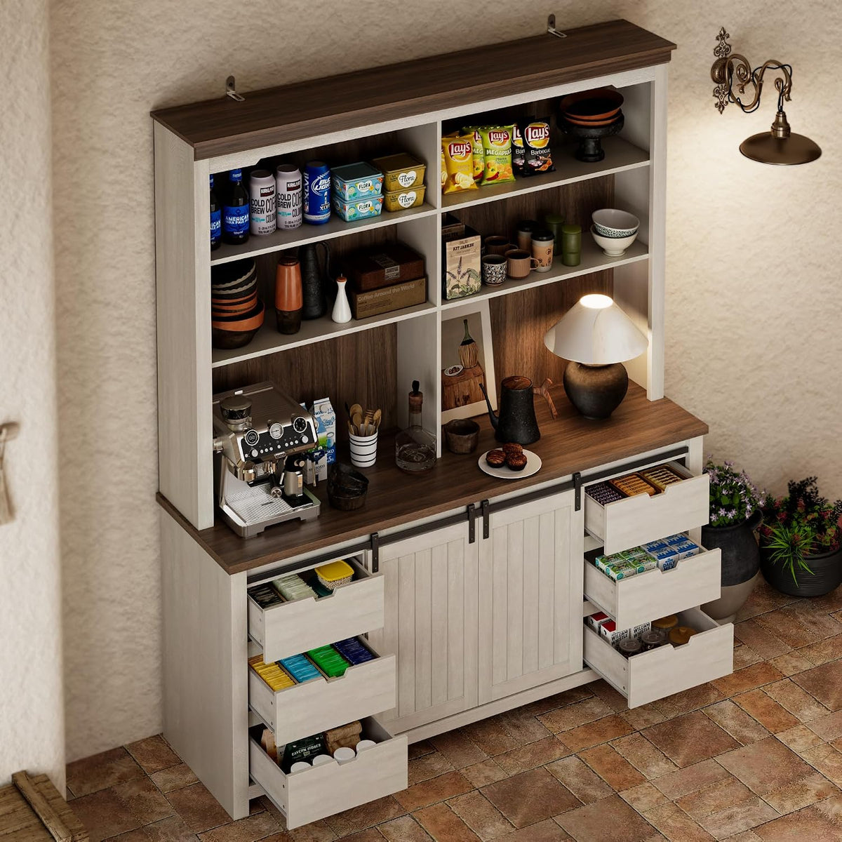 Sweet Memory 78.8" H Farmhouse Kitchen Hutch Cabinet with 3-Tier Open Shelves, Storage Pantry Cabinet with Wide Countertop, 6 Drawers and Barn Door Buffet Pantry with Storage for Dining/Living Room