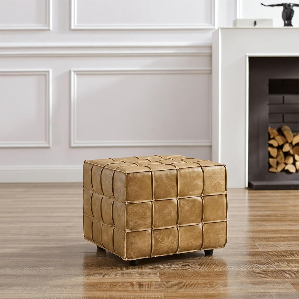 Art Leon Tufted Square Ottoman Leather Footstool Foot Rest Light Brown | Biscuit Tuftinghigh-Density Foamsolid Wood Frame Non-Slip Feet Footrest Extra Seat Seat Living Room Furniture