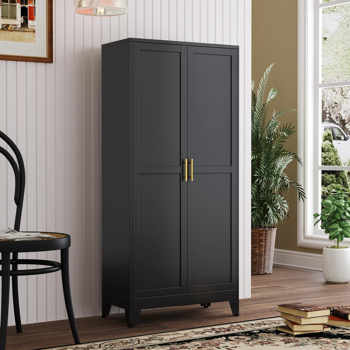 PAOFIN Metal Kitchen Pantry Storage Cabinet with 2 Doors and 3 Adjustable Shelves,Pantry Cabinet with Adjustable Leveling Foot for Kitchen, Living Room, Dining Room（Black）