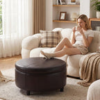 30-Inch Round Ottoman, Leather Ottoman with Storage (Brown)