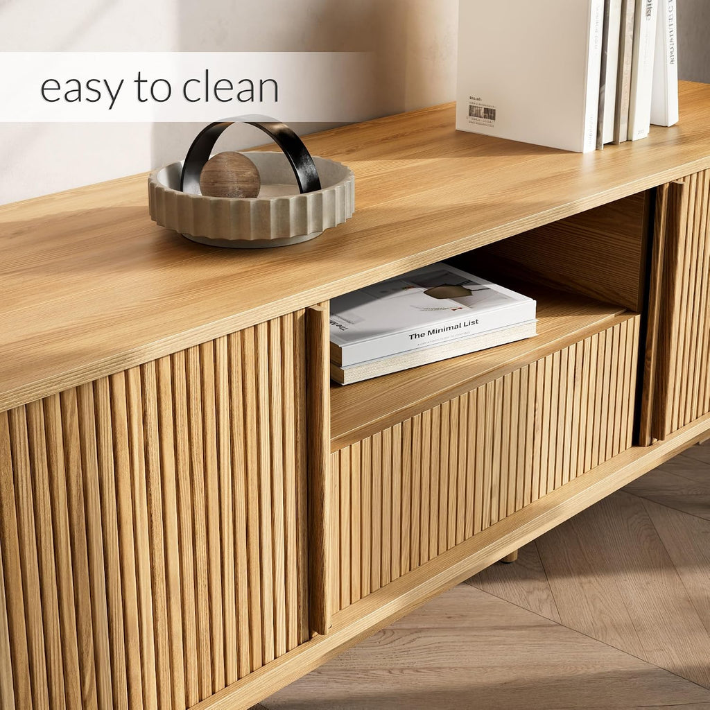 Furniway Modern TV Stand for 45/55/70 inch TV, Entertainment Center with Sliding Doors and Storage, Wood TV Stand for Bedroom, Living Room, Natural
