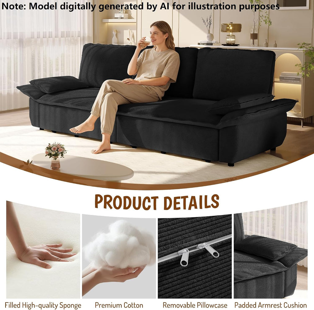 94.5" Pull Out Couch King Size, Futon Sofa Bed, 3-in-1 Convertible Sleeper Sofa Bed with Cushion Armrest, Modern Corduroy Loveseat Couches for Living Room, Small Space, Apartment, Black