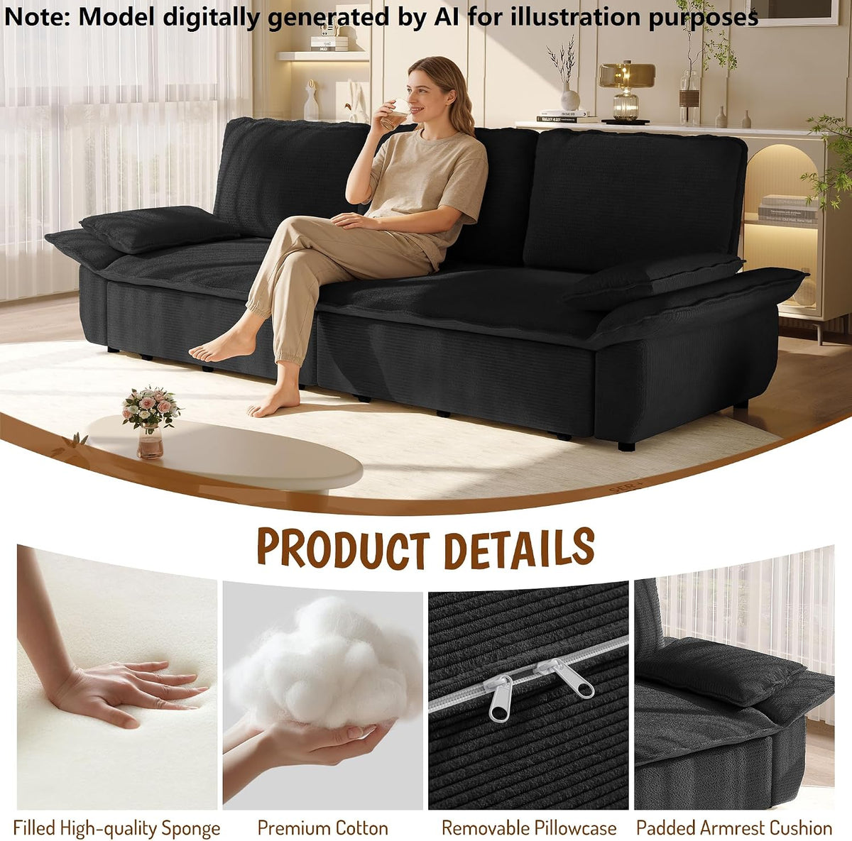 94.5" Pull Out Couch King Size, Futon Sofa Bed, 3-in-1 Convertible Sleeper Sofa Bed with Cushion Armrest, Modern Corduroy Loveseat Couches for Living Room, Small Space, Apartment, Black