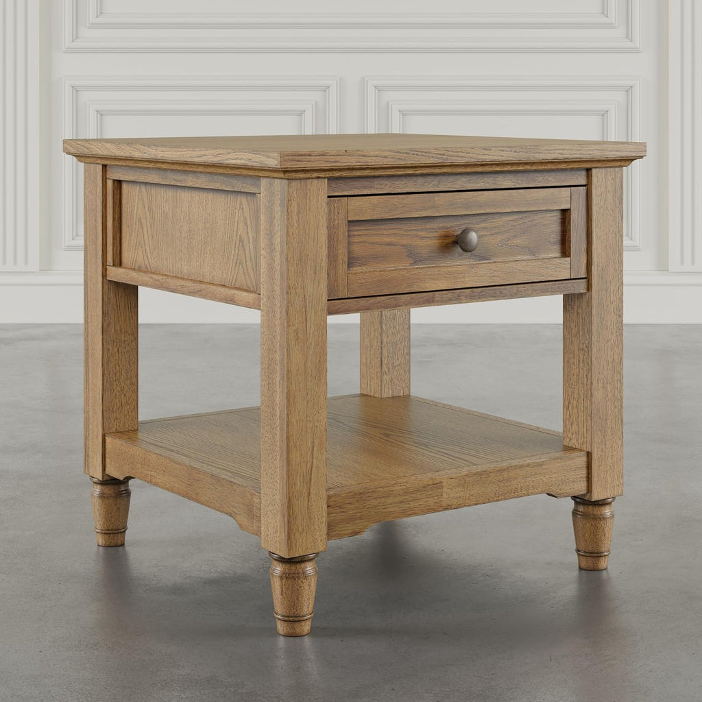 Brentwood Modern Transitional 24" Square End Table with Drawer and Storage Shelf,Light Brown