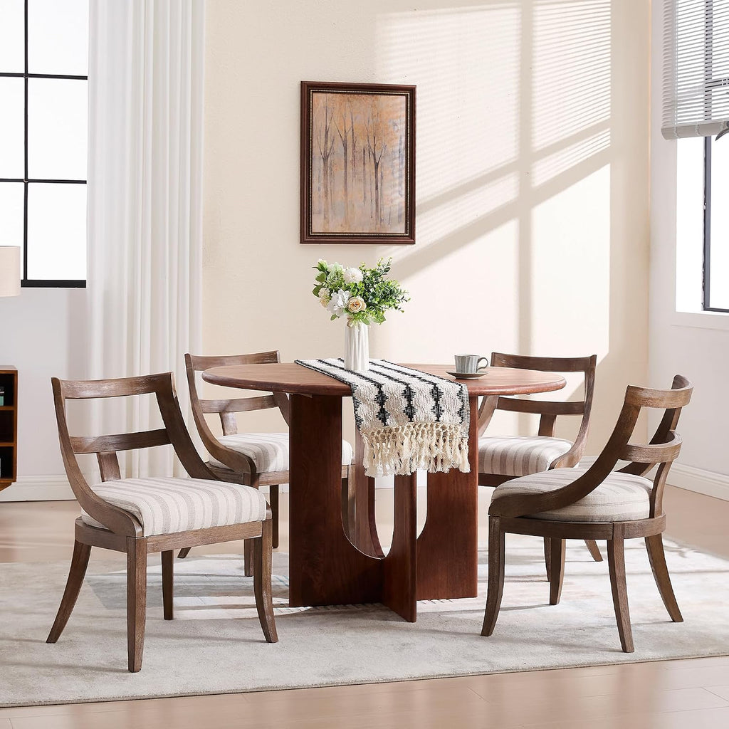 LZAREAL Modern Farmhouse Dining Chairs Set of 4 Mid Century Upholstered Dining Chair with Wooden Curved Back Kitchen Chairs for Dining Room Restaurant Cafe, Brown Walnut Colored-Linen Khaki Stripe