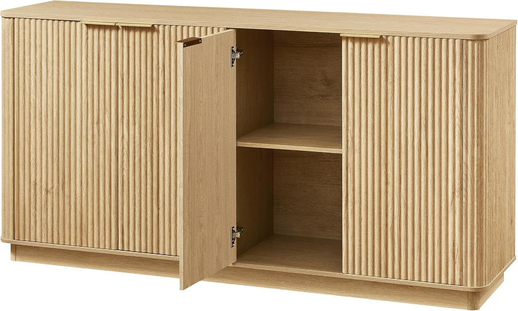 63" Oak Vertical Fluted Sideboard Buffet Cabinet - Modern Storage Cabinet with 4 Doors & Adjustable Shelves for Dining Room, Kitchen & Coffee Bar