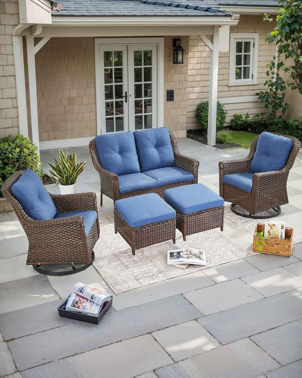 Patio Ottoman Outdoor Wicker Side Table - 2PCS Multipurpose Heavy Duty All-Weather Brown Rattan Extra Seating Bench Footrest Footstool for Garden Back Porch Poolside Apartment - Navy Blue