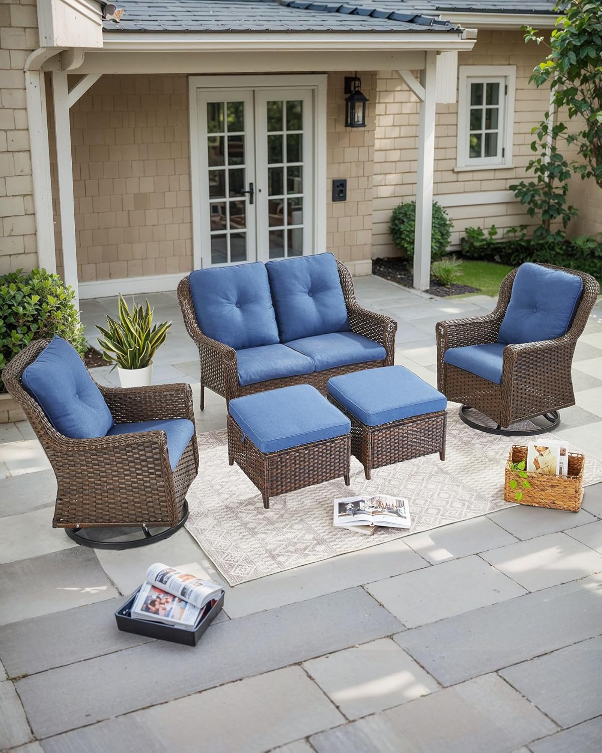 Patio Ottoman Outdoor Wicker Side Table - 2PCS Multipurpose Heavy Duty All-Weather Brown Rattan Extra Seating Bench Footrest Footstool for Garden Back Porch Poolside Apartment - Navy Blue