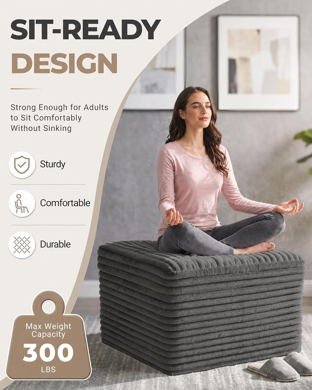 23.6in Pouf Ottoman, Corduroy Footstool Foot Rest Floor Seating | Dual-layer support with soft chunk-foam top & firm base. Ideal floor footrest & extra seating for living room, Dark Gray