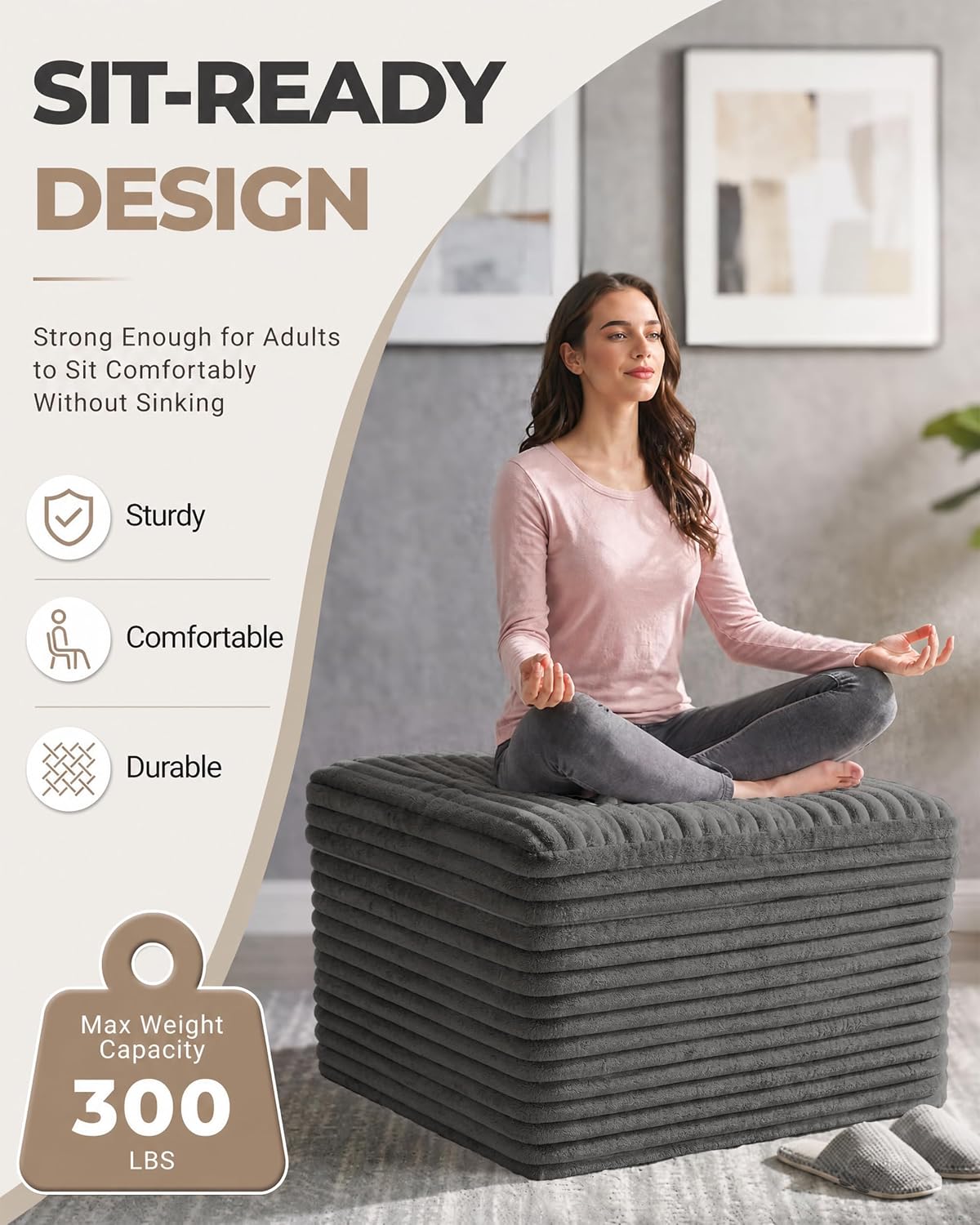 23.6in Pouf Ottoman, Corduroy Footstool Foot Rest Floor Seating | Dual-layer support with soft chunk-foam top & firm base. Ideal floor footrest & extra seating for living room, Dark Gray