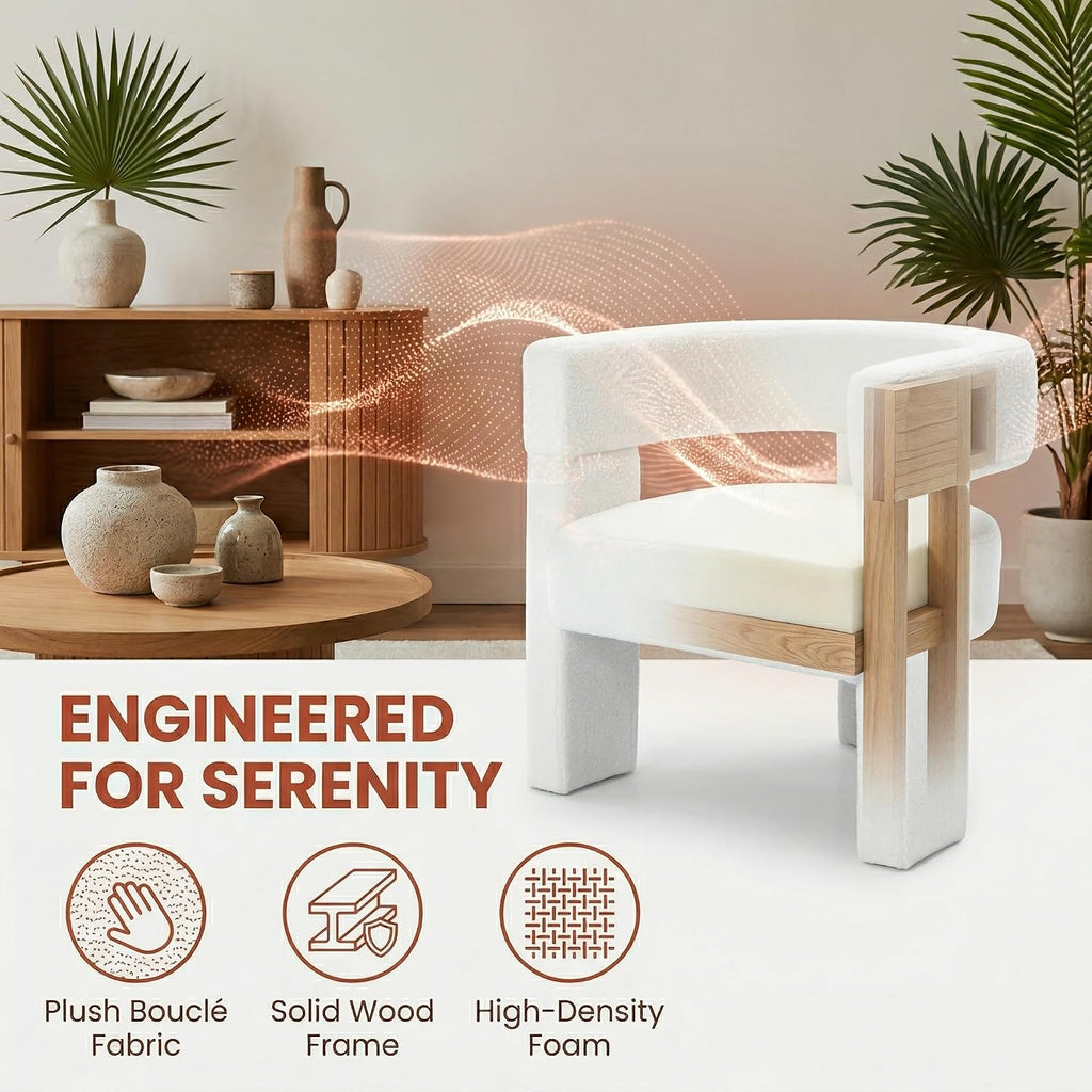 White Modern Accent Chair, Upholstered Barrel Armchair with Solid Wood Legs