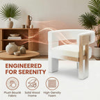 White Modern Accent Chair, Upholstered Barrel Armchair with Solid Wood Legs